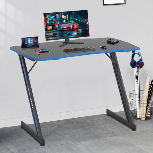 Gaming Desk Z Shaped 39In Computer Gaming Workstation Ergonomic Gaming Table with Headphone Hook for Game Players, Blue