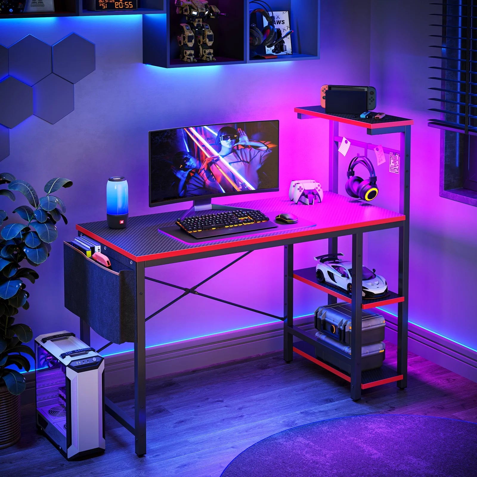 Computer Gaming PC Desk 44 Inch Gamer Table with LED Lights, Reversible 4 Tier Storage Shelves Carbon Fiber