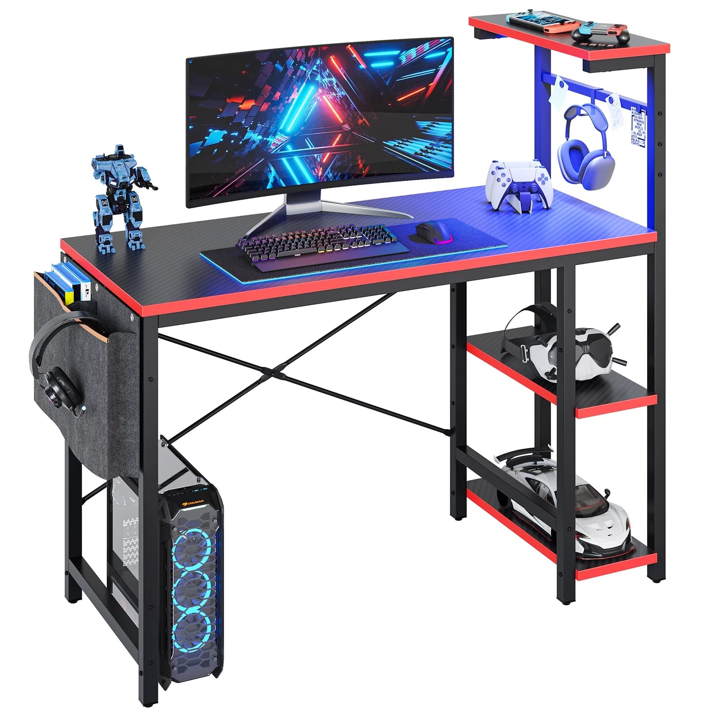 Computer Gaming PC Desk 44 Inch Gamer Table with LED Lights, Reversible 4 Tier Storage Shelves Carbon Fiber