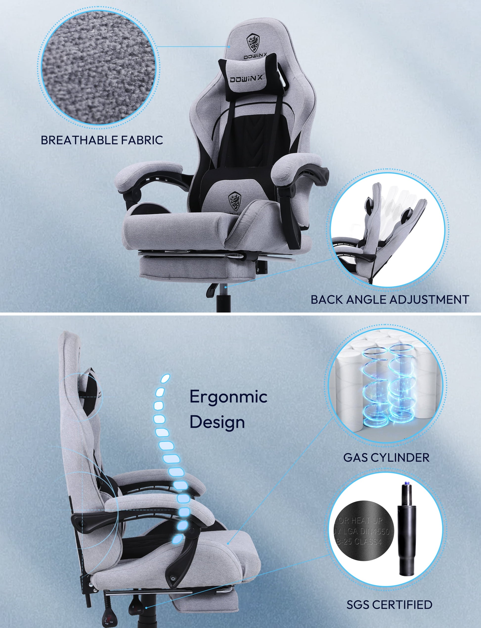 Fabric Gaming Chair with Pocket Spring Cushion, Ergonomic Computer Chair with Footrest, Cloth Gamer Chair with Massage Lumbar Support and Headrest, Light Grey