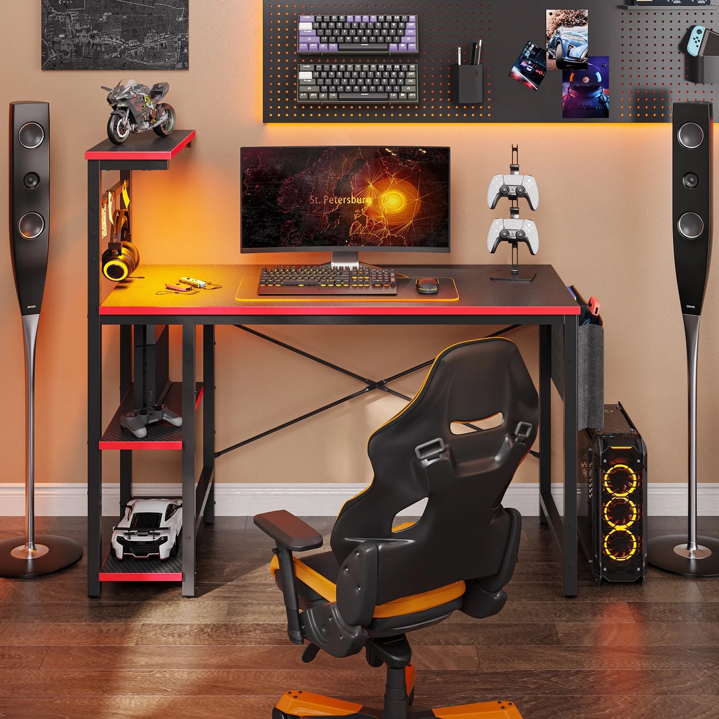 Computer Gaming PC Desk 44 Inch Gamer Table with LED Lights, Reversible 4 Tier Storage Shelves Carbon Fiber