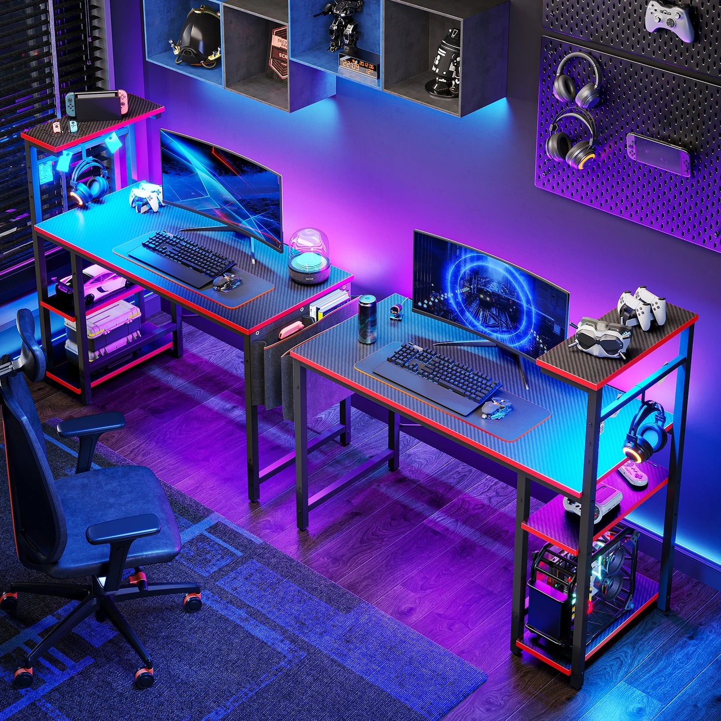 Computer Gaming PC Desk 44 Inch Gamer Table with LED Lights, Reversible 4 Tier Storage Shelves Carbon Fiber