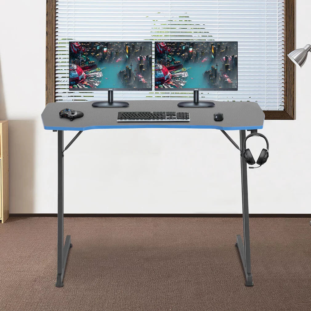 Gaming Desk Z Shaped 39In Computer Gaming Workstation Ergonomic Gaming Table with Headphone Hook for Game Players, Blue