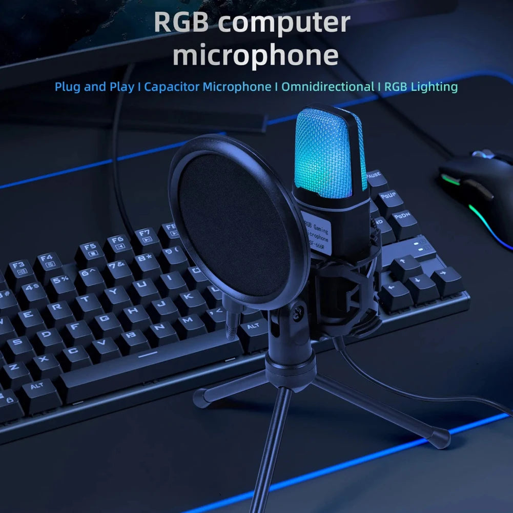 USB Wire Microphone Noise Reduction RGB Condensador Mic for Gaming Interview Vlogging Video Recording Podcast Laptop Desktop PC