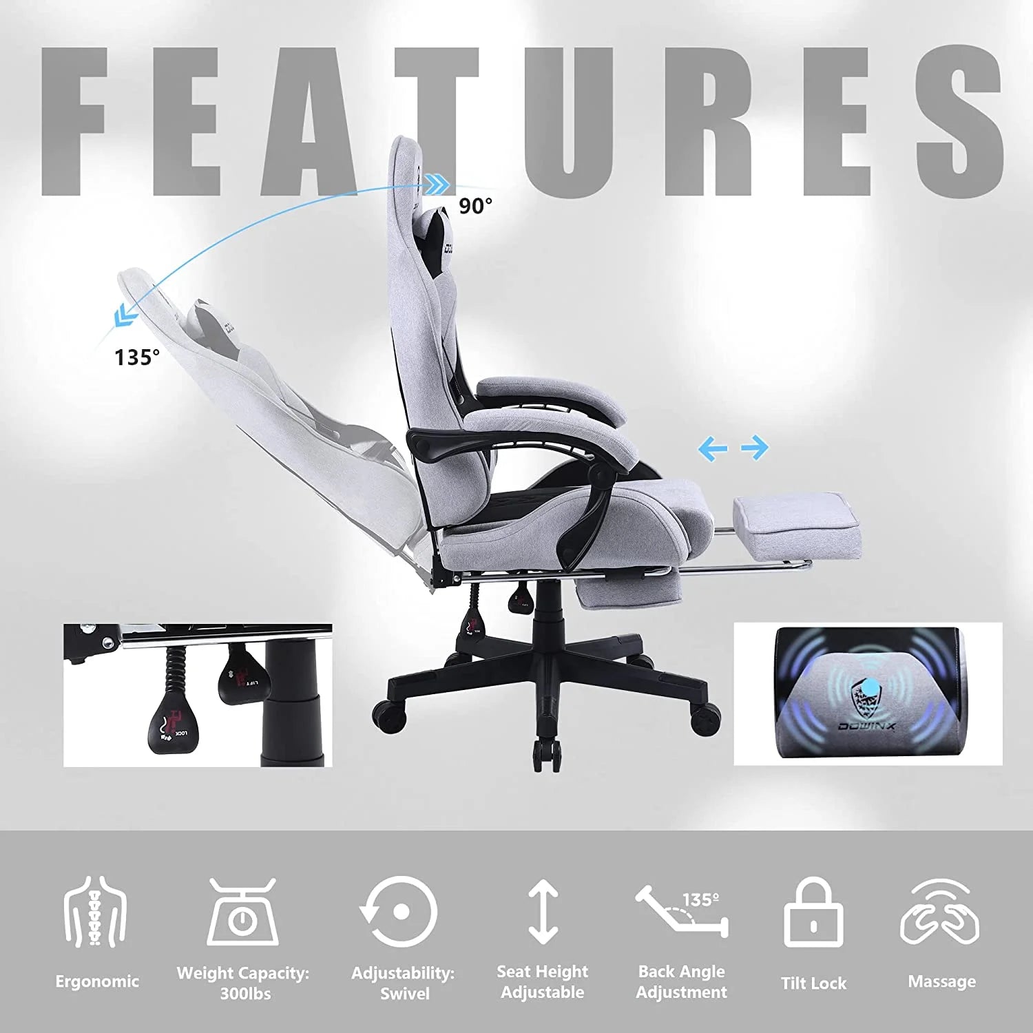 Fabric Gaming Chair with Pocket Spring Cushion, Ergonomic Computer Chair with Footrest, Cloth Gamer Chair with Massage Lumbar Support and Headrest, Light Grey