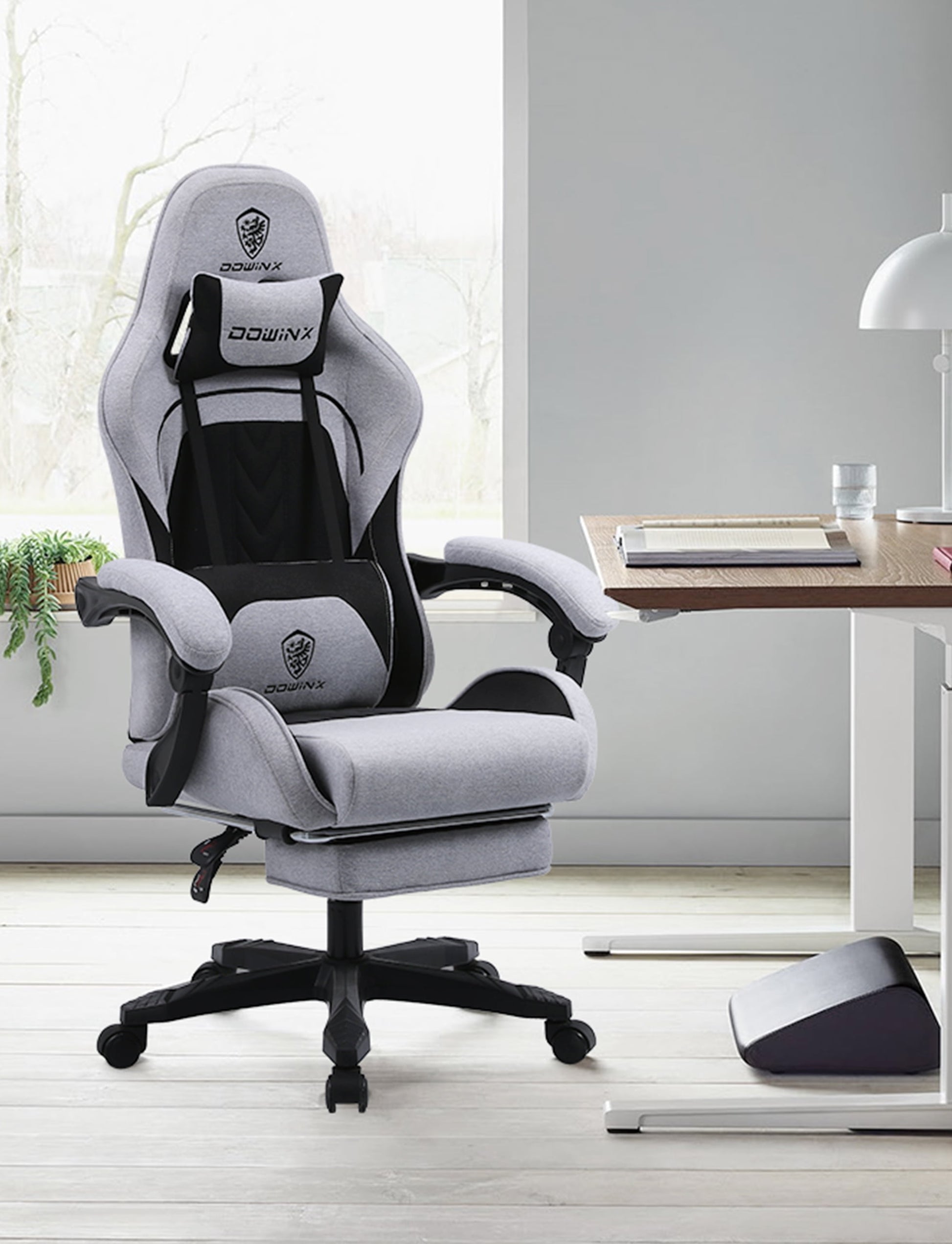 Fabric Gaming Chair with Pocket Spring Cushion, Ergonomic Computer Chair with Footrest, Cloth Gamer Chair with Massage Lumbar Support and Headrest, Light Grey