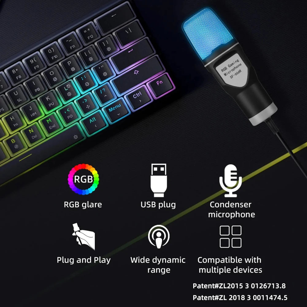 USB Wire Microphone Noise Reduction RGB Condensador Mic for Gaming Interview Vlogging Video Recording Podcast Laptop Desktop PC