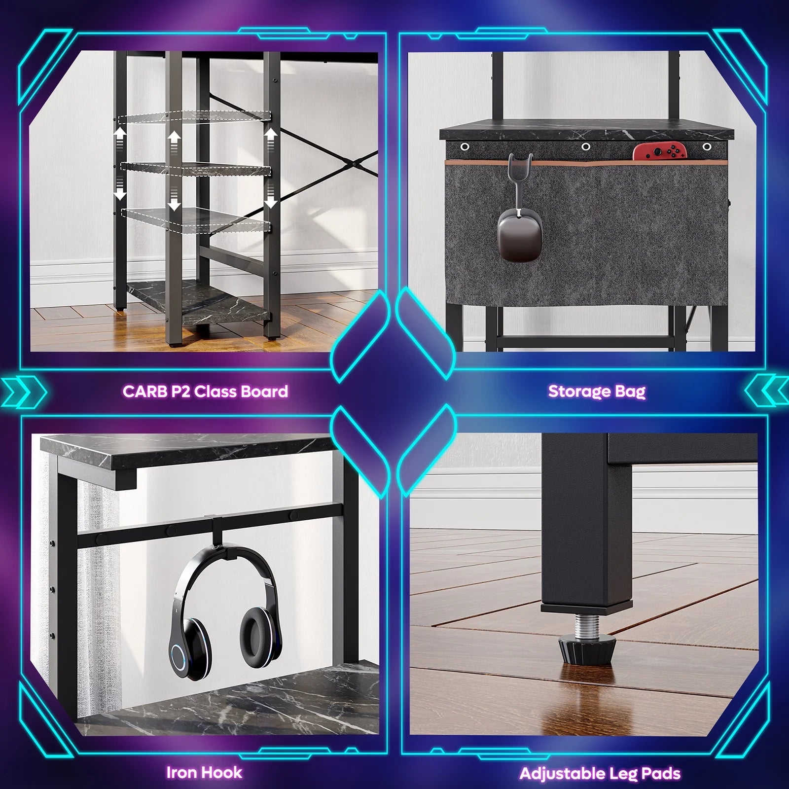 Computer Gaming PC Desk 44 Inch Gamer Table with LED Lights, Reversible 4 Tier Storage Shelves Carbon Fiber