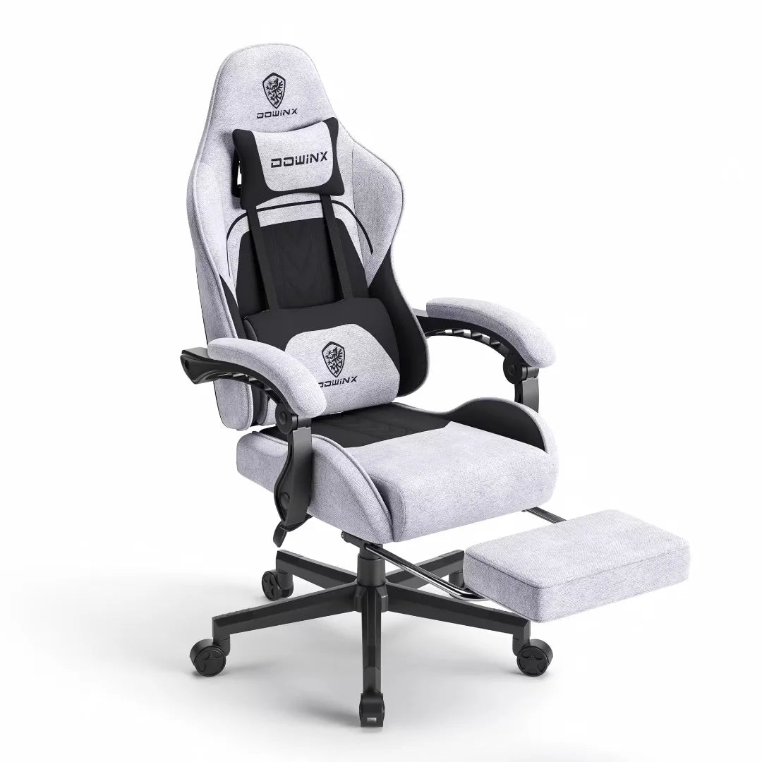 Fabric Gaming Chair with Pocket Spring Cushion, Ergonomic Computer Chair with Footrest, Cloth Gamer Chair with Massage Lumbar Support and Headrest, Light Grey