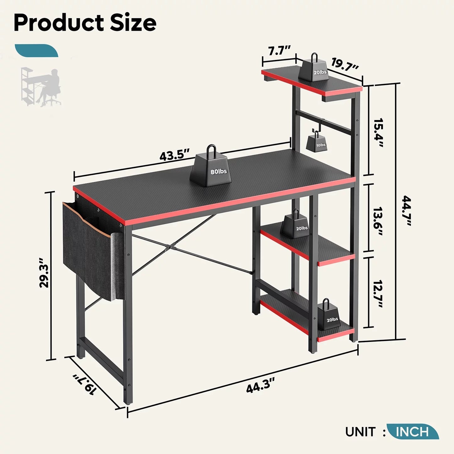 Computer Gaming PC Desk 44 Inch Gamer Table with LED Lights, Reversible 4 Tier Storage Shelves Carbon Fiber